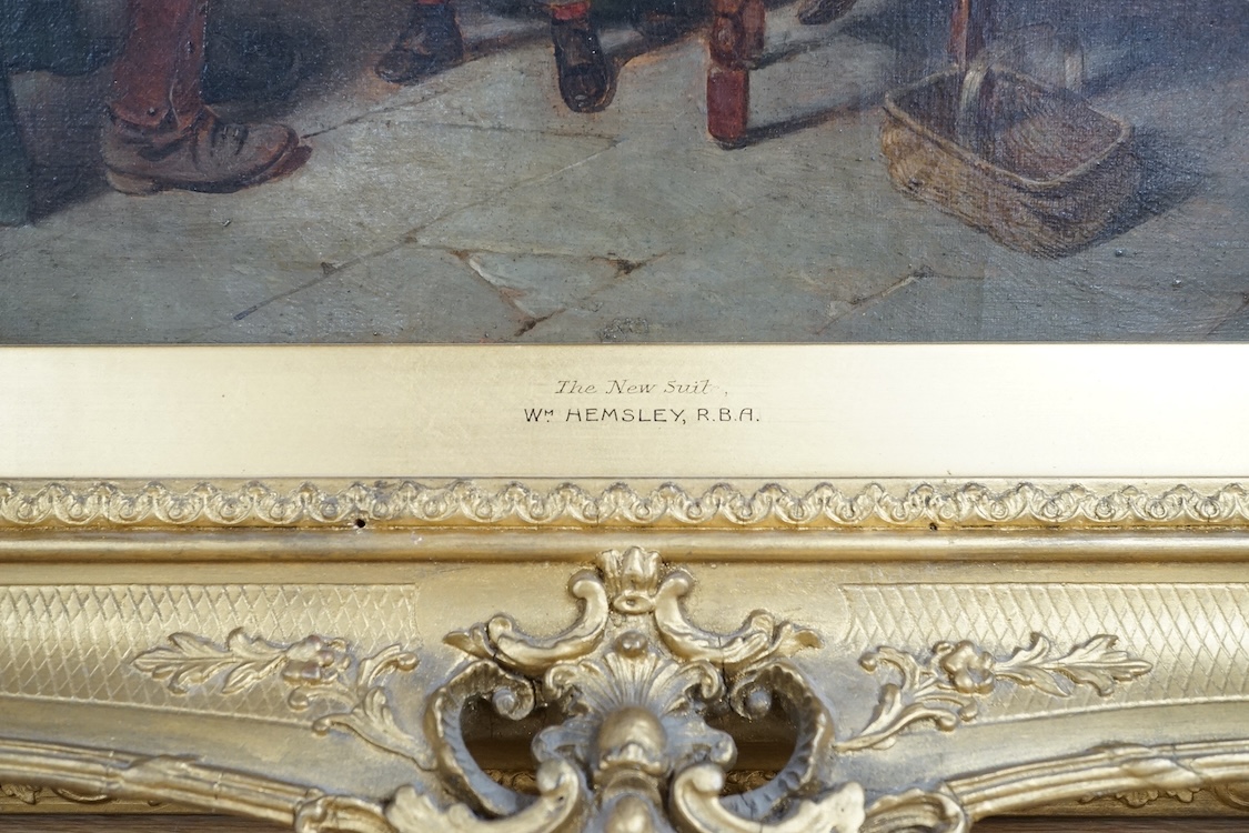 William Hemsley RBA (1819-1906), oil on canvas, 'The New Suit', signed, 35 x 41cm, ornate gilt frame. Condition - good